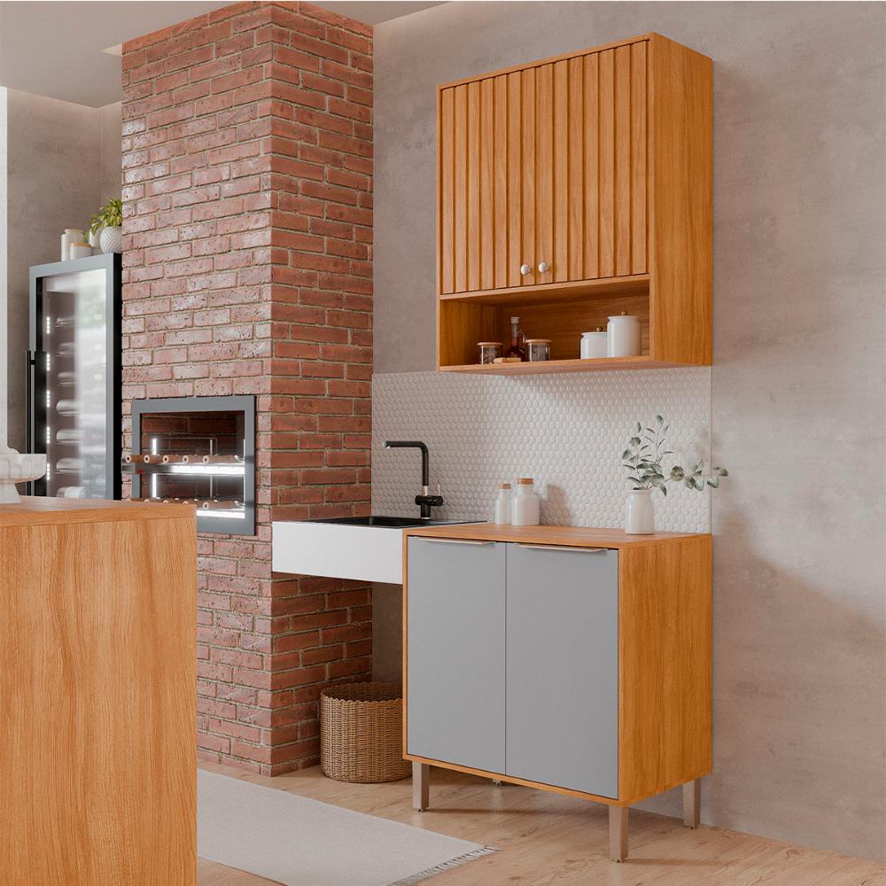 Armário Aéreo com Balcão Divina 80 cm Para Cozinha 4 Portas Cinamomo/Platina