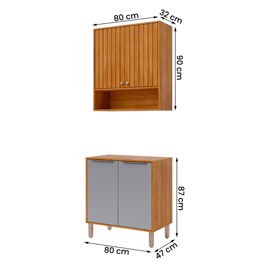 Armário Aéreo com Balcão Divina 80 cm Para Cozinha 4 Portas Cinamomo/Platina