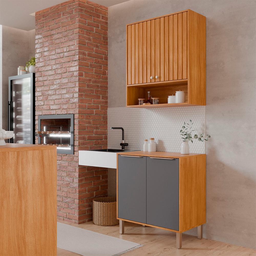 Armário Aéreo com Balcão Divina 80 cm Para Cozinha 4 Portas Cinamomo/Titanium