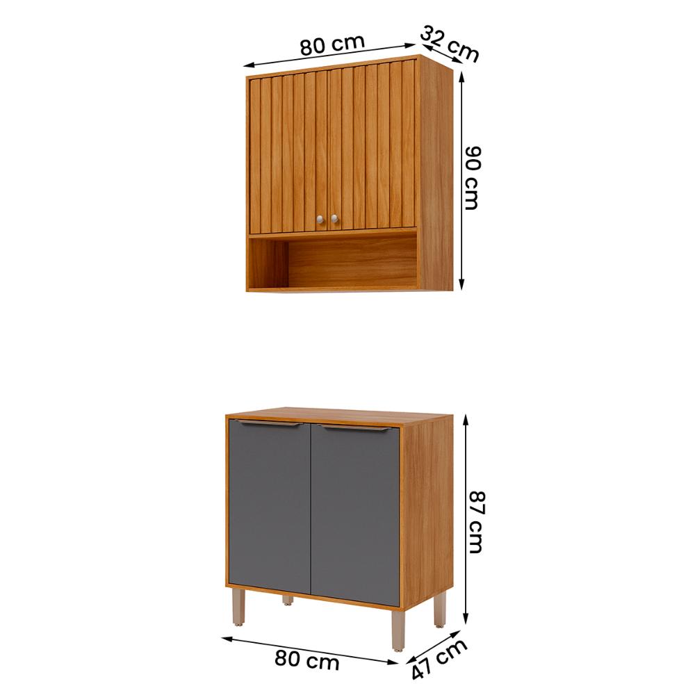 Armário Aéreo com Balcão Divina 80 cm Para Cozinha 4 Portas Cinamomo/Titanium