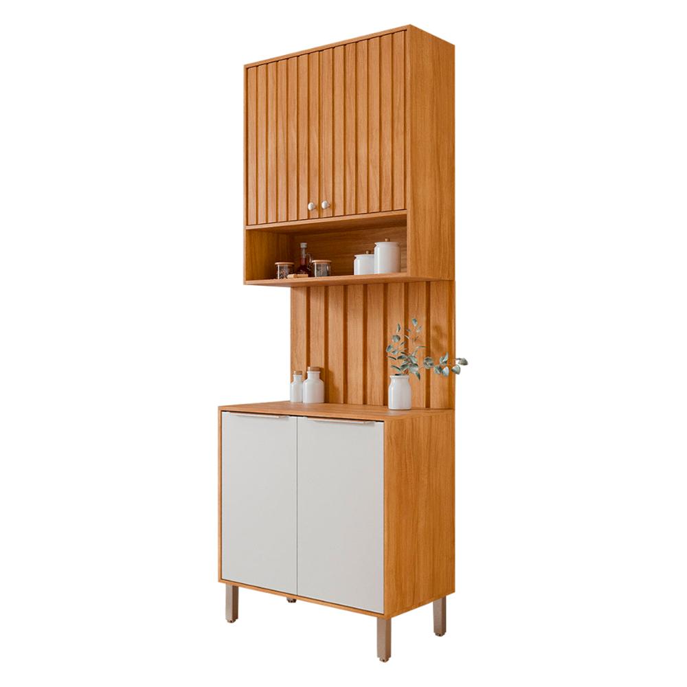 Armário Aéreo com Balcão e Painel Ripado Divina 80cm 4 Portas Cinamomo/Branco