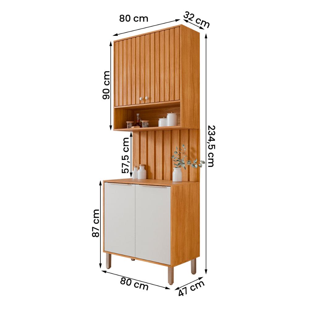 Armário Aéreo com Balcão e Painel Ripado Divina 80cm 4 Portas Cinamomo/Branco