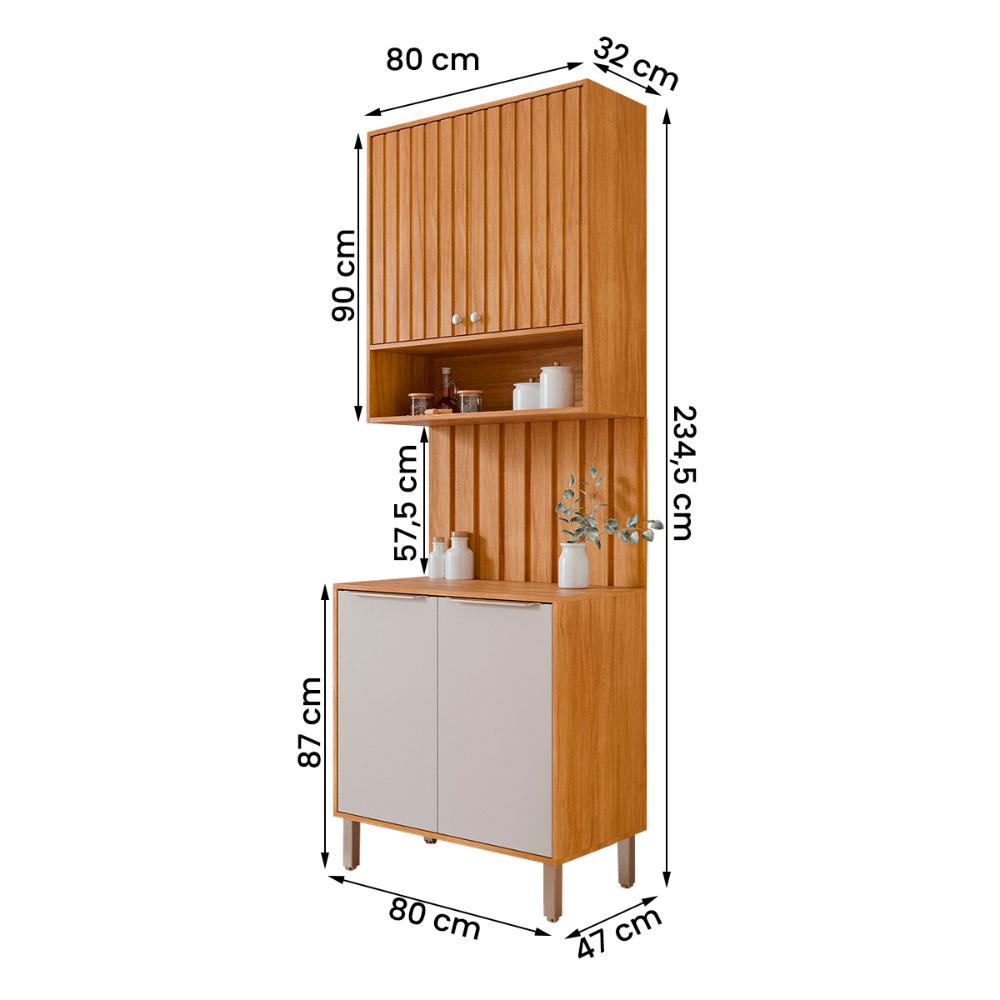 Armário Aéreo com Balcão e Painel Ripado Divina 80cm 4 Portas Cinamomo/Off White