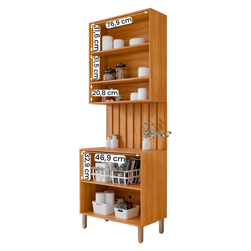 Armário Aéreo com Balcão e Painel Ripado Divina 80cm 4 Portas Cinamomo/Platina