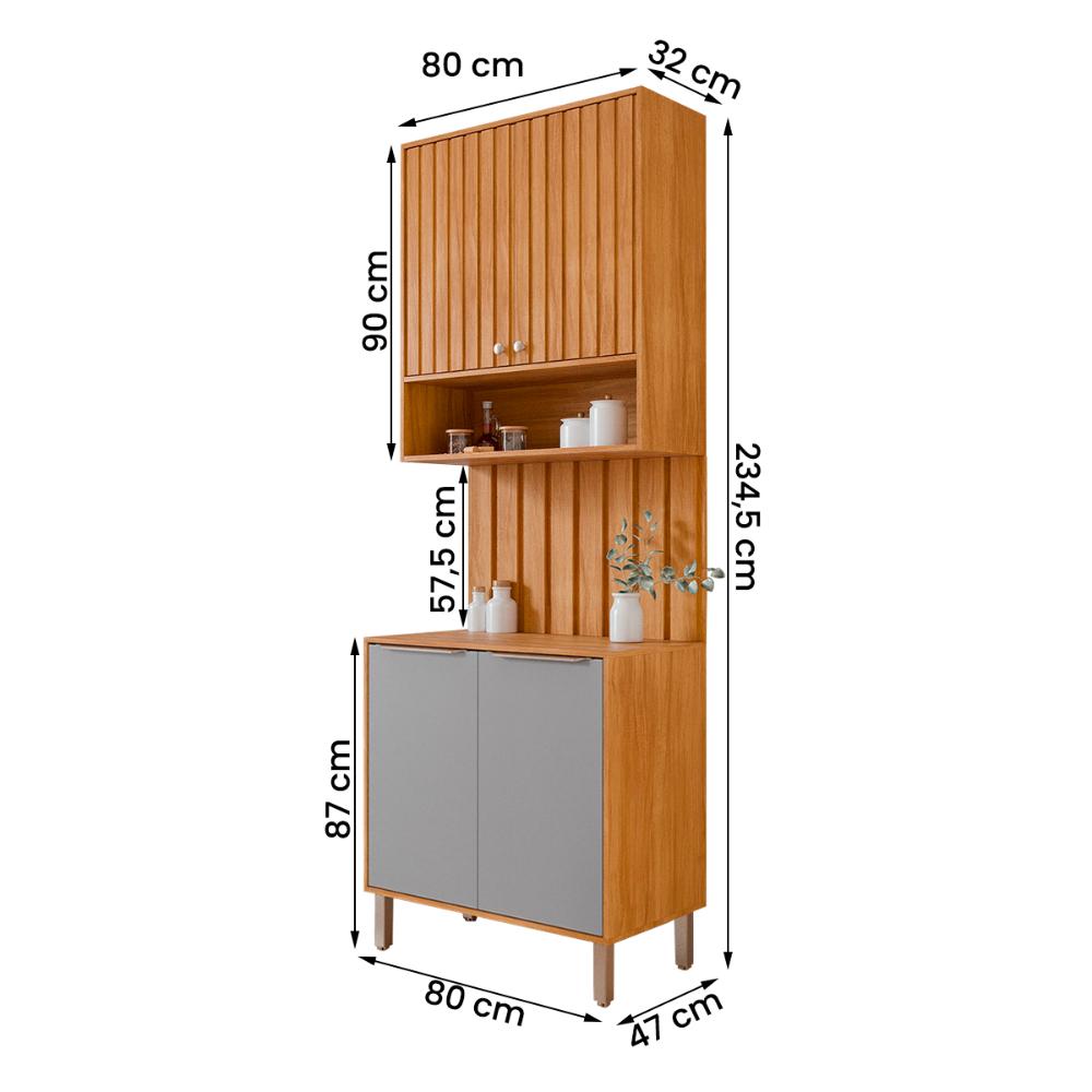 Armário Aéreo com Balcão e Painel Ripado Divina 80cm 4 Portas Cinamomo/Platina