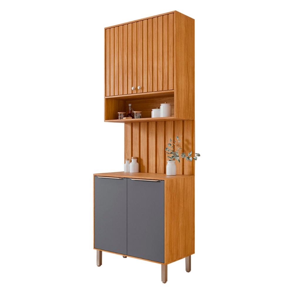 Armário Aéreo com Balcão e Painel Ripado Divina 80cm 4 Portas Cinamomo/Titanium