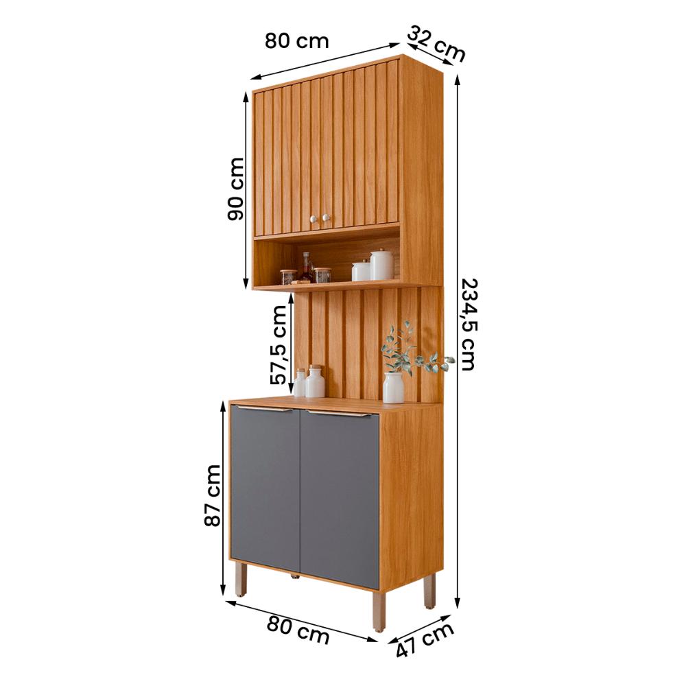 Armário Aéreo com Balcão e Painel Ripado Divina 80cm 4 Portas Cinamomo/Titanium