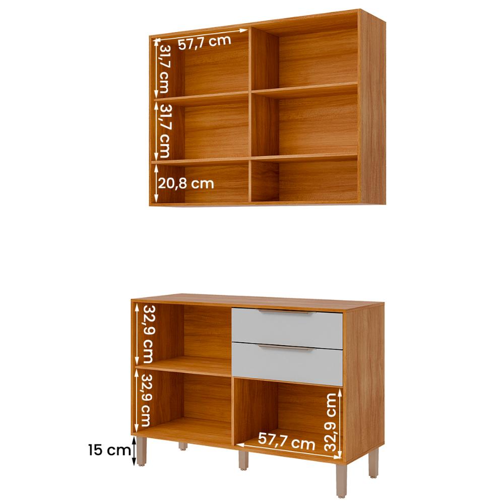 Armario Aereo com Balcão Divina 120cm com 4 Portas 2 Gavetas Cinamomo/Branco