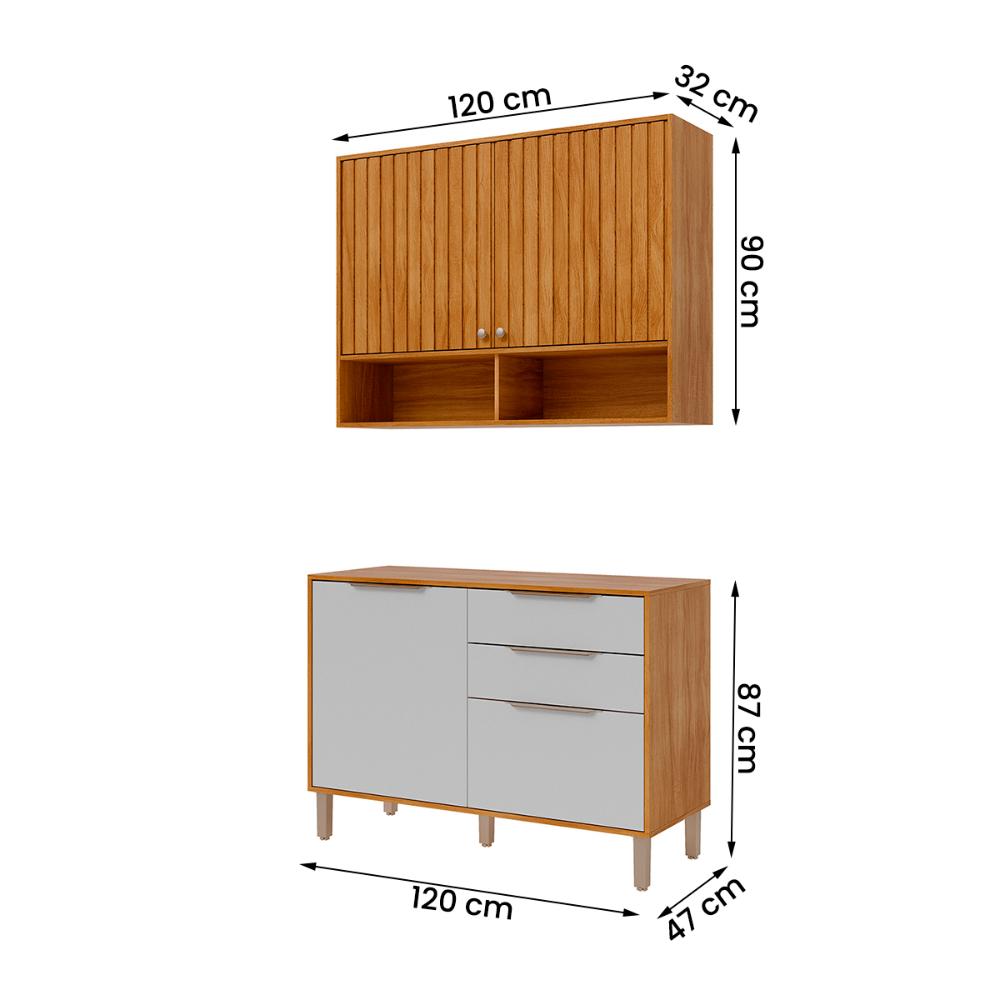 Armario Aereo com Balcão Divina 120cm com 4 Portas 2 Gavetas Cinamomo/Branco