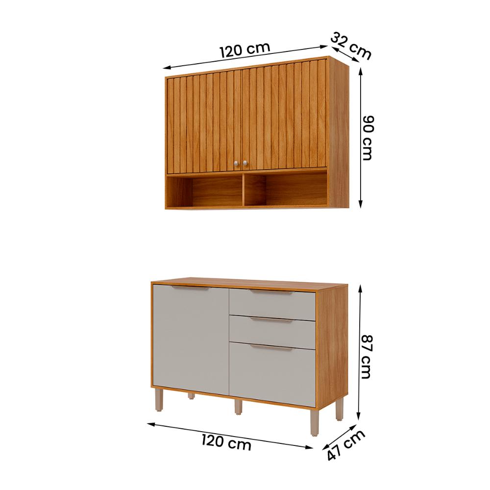 Armario Aereo com Balcão Divina 120cm com 4 Portas 2 Gavetas Cinamomo/Off White