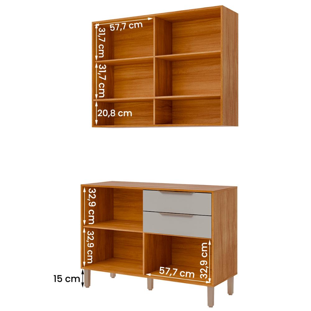 Armario Aereo com Balcão Divina 120cm com 4 Portas 2 Gavetas Cinamomo/Off White