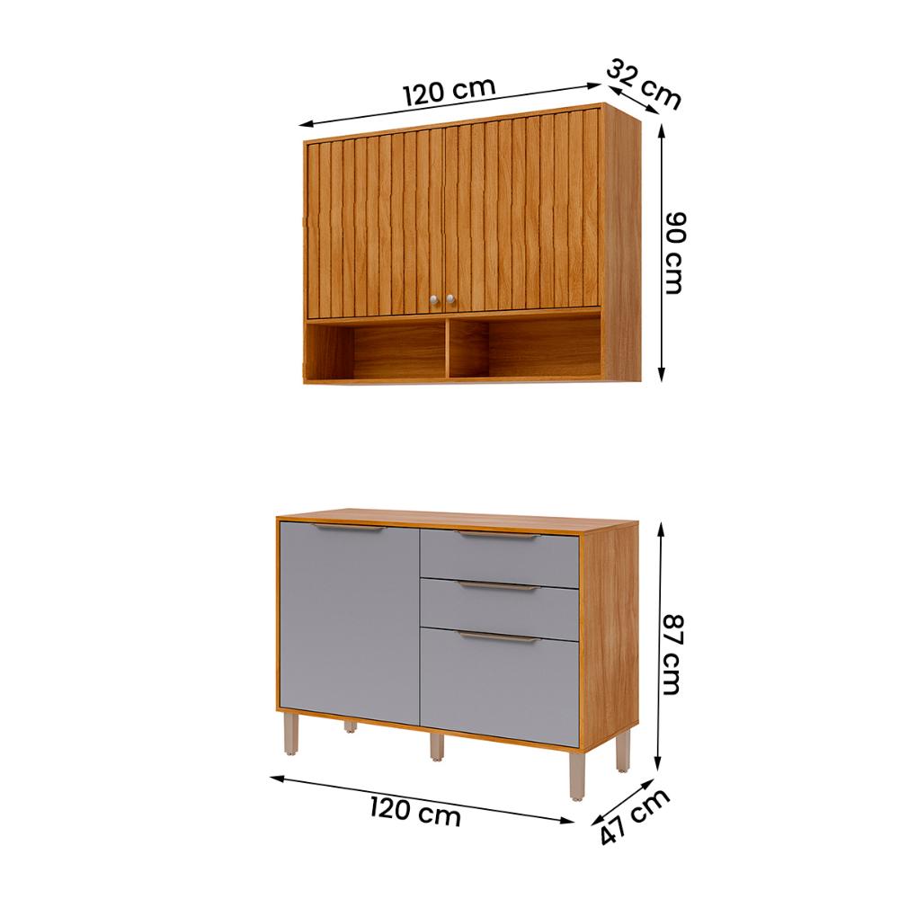 Armario Aereo com Balcão Divina 120cm com 4 Portas 2 Gavetas Cinamomo/Platina