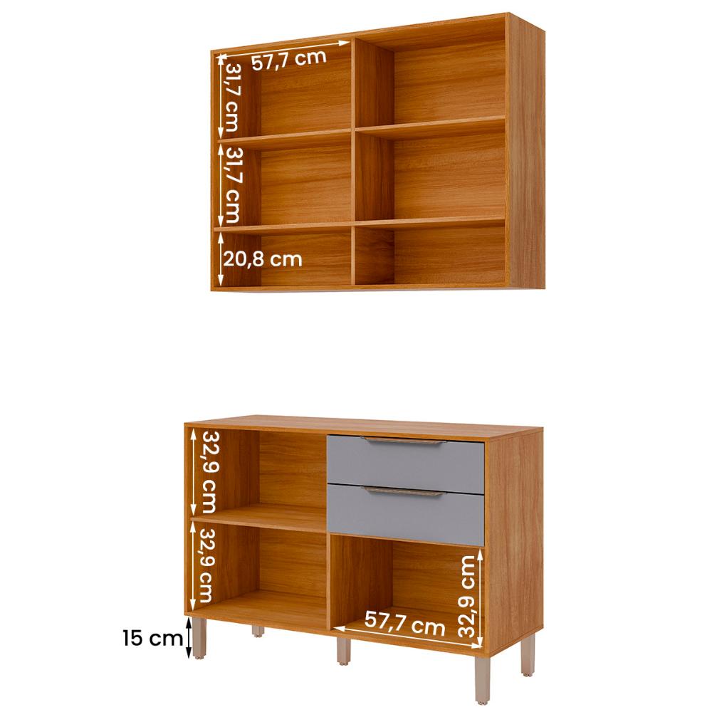 Armario Aereo com Balcão Divina 120cm com 4 Portas 2 Gavetas Cinamomo/Platina