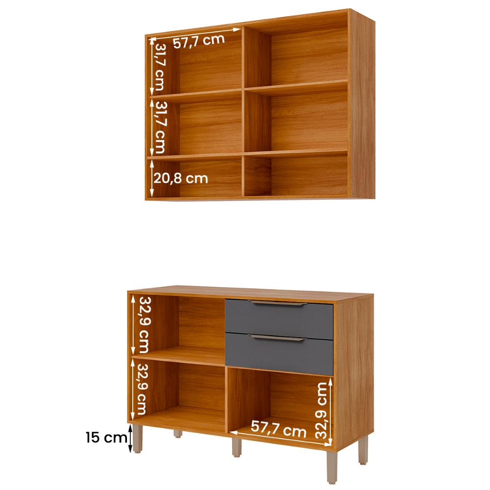 Armario Aereo com Balcão Divina 120cm com 4 Portas 2 Gavetas Cinamomo/Titanium