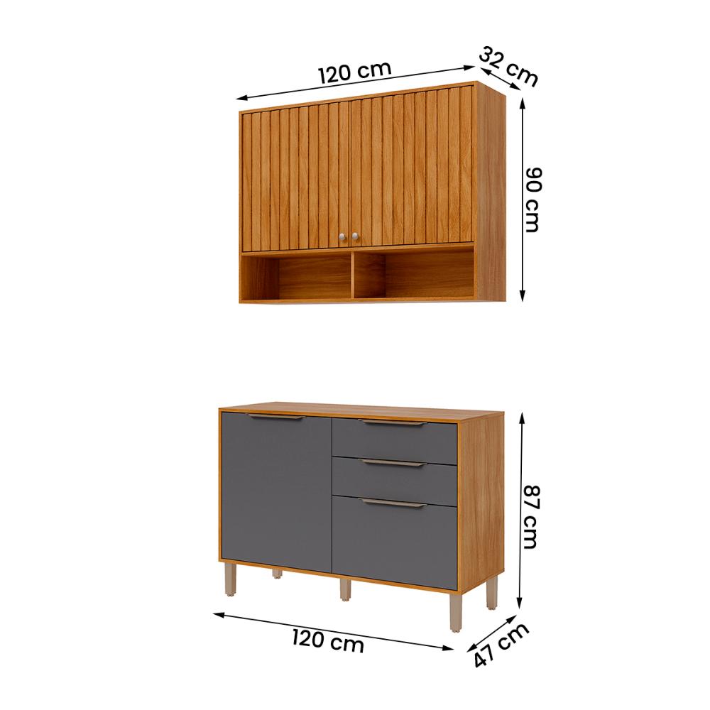 Armario Aereo com Balcão Divina 120cm com 4 Portas 2 Gavetas Cinamomo/Titanium