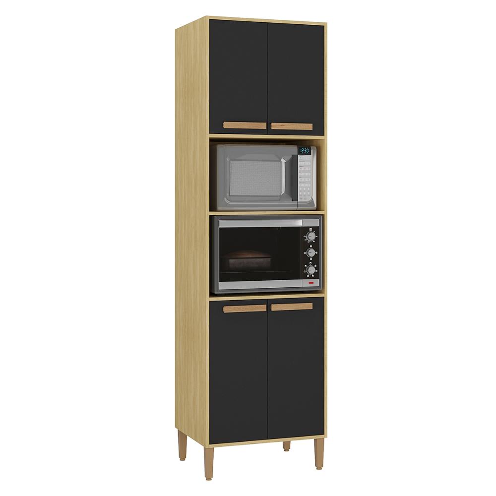 Armario Cozinha Paneleiro Munique com 4 Portas  Wood Madeirado/Preto Fosco