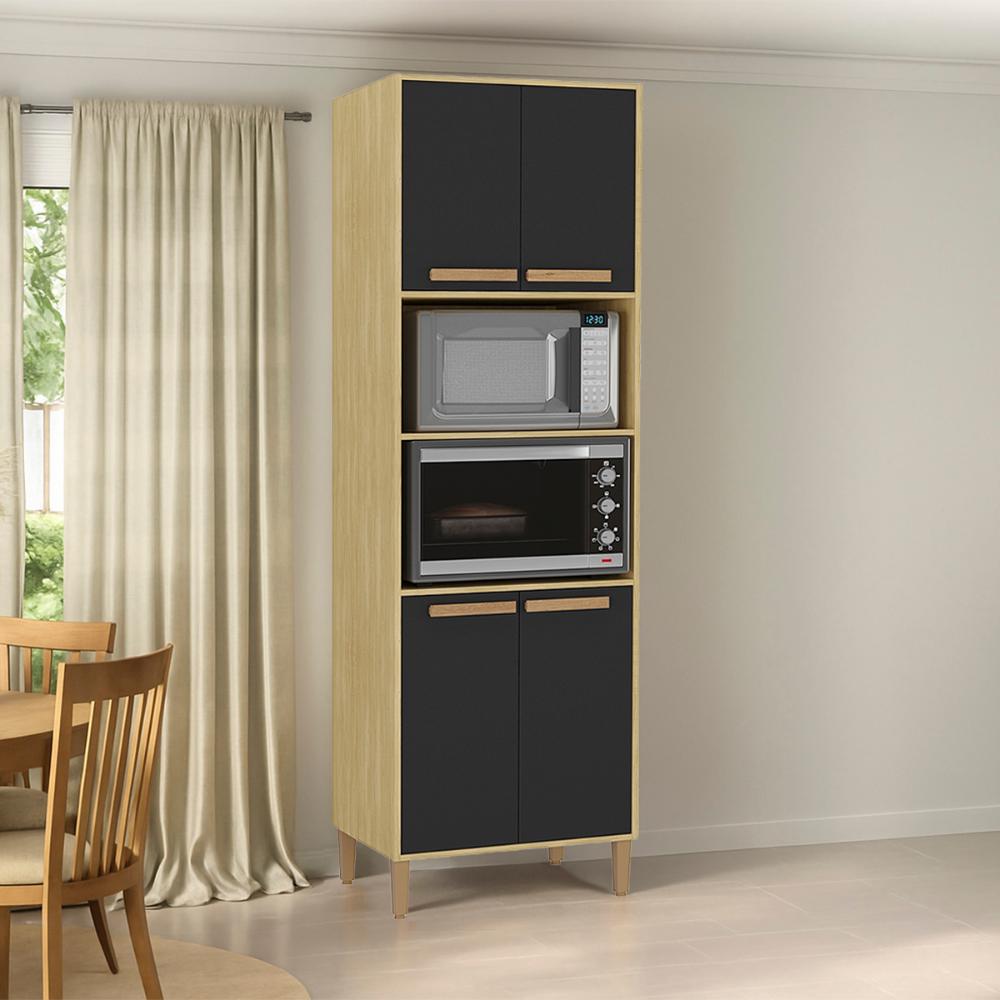 Armario Cozinha Paneleiro Munique com 4 Portas  Wood Madeirado/Preto Fosco