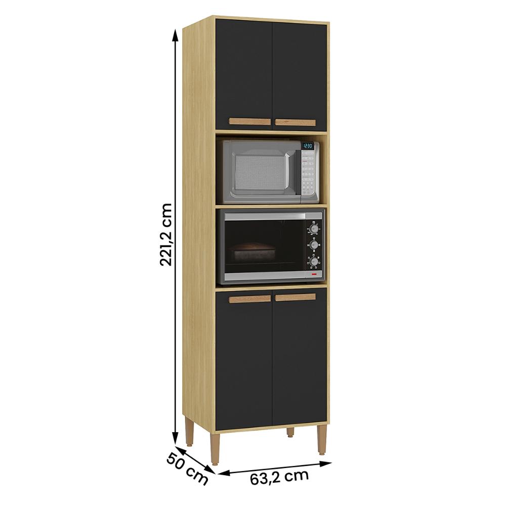 Armario Cozinha Paneleiro Munique com 4 Portas  Wood Madeirado/Preto Fosco