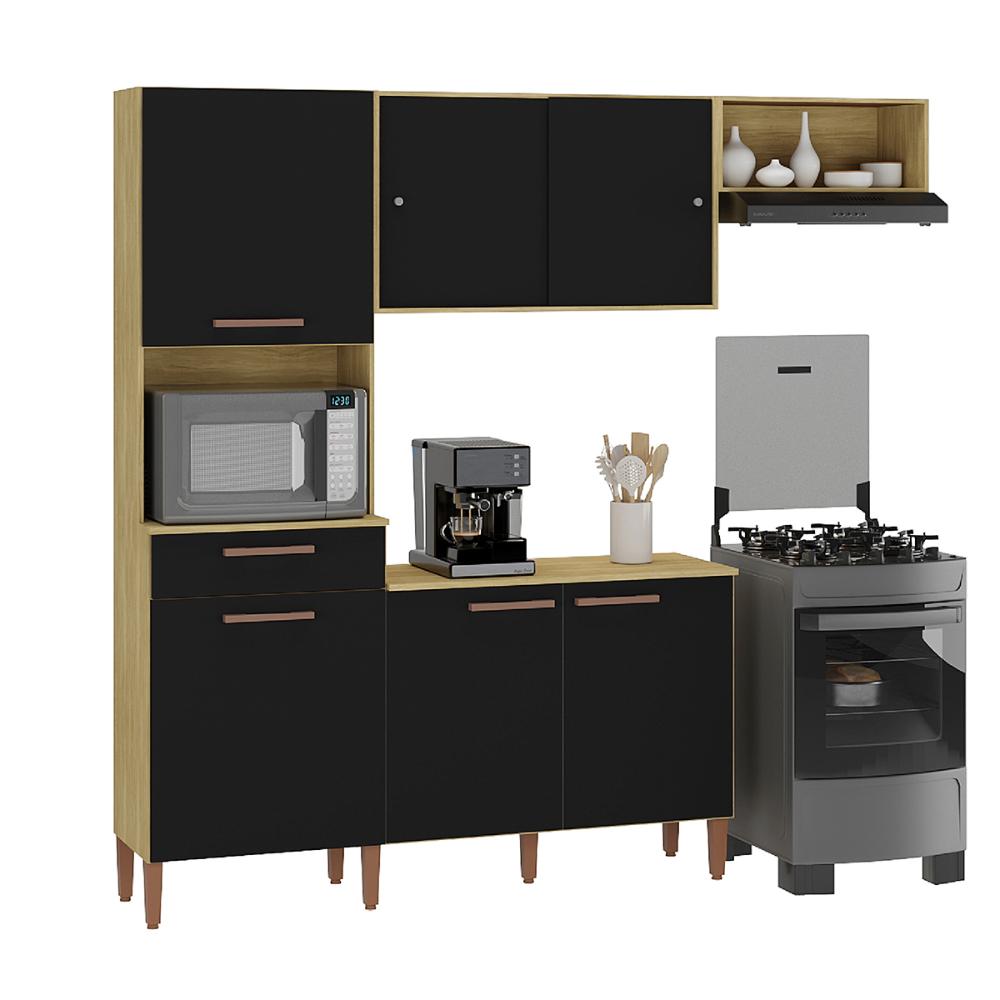 Armario Cozinha com Balcão Pop com 6 Portas e 1 Gaveta Wood Madeirado/Preto Fosco