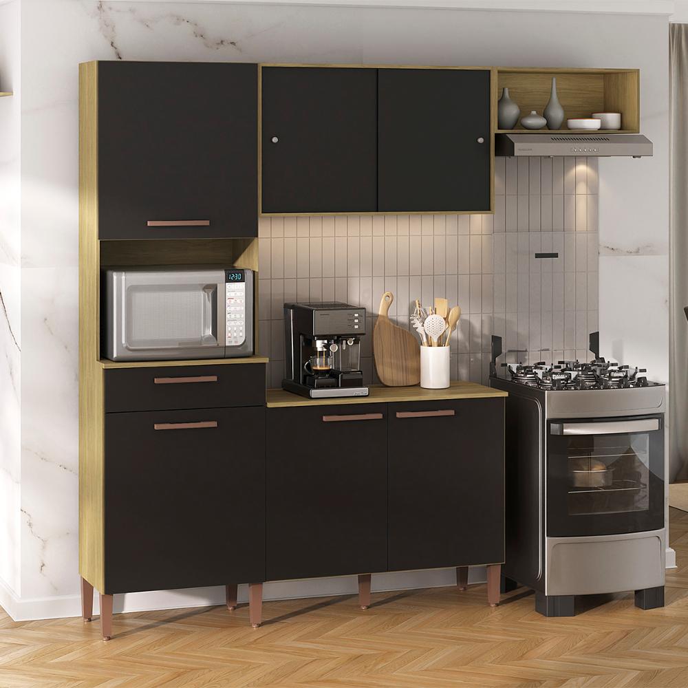 Armario Cozinha com Balcão Pop com 6 Portas e 1 Gaveta Wood Madeirado/Preto Fosco