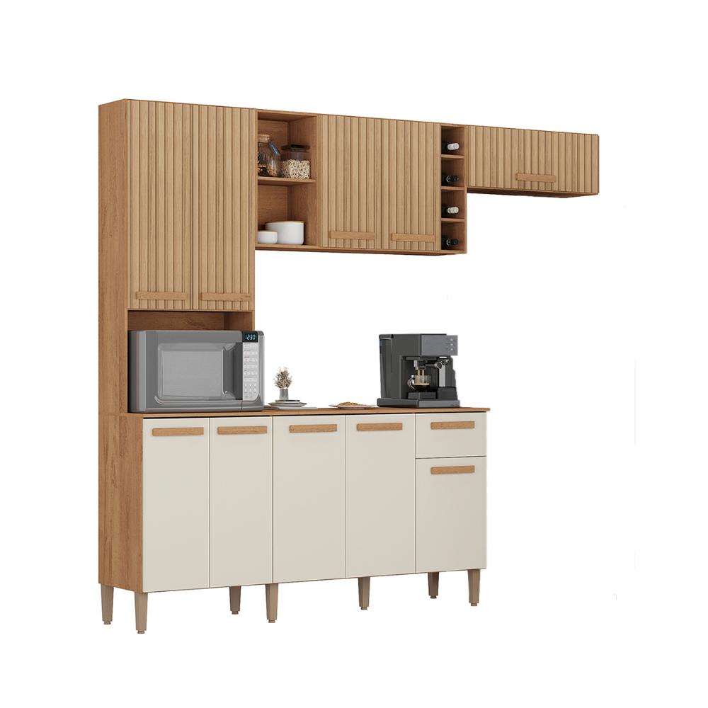 Armario Cozinha com Balcão Ravena com 10 Portas e 1 Gaveta Canelato+3D Canelato/Off White
