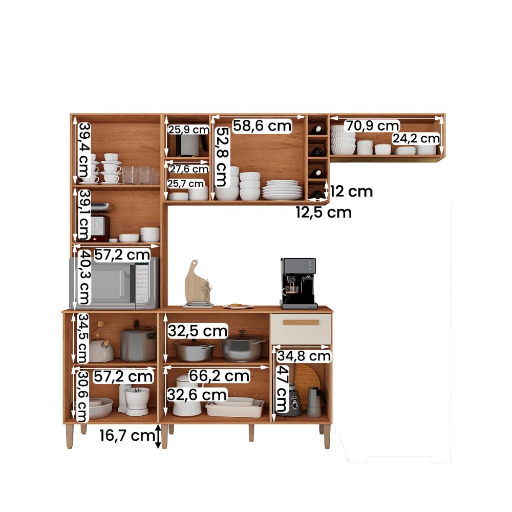 Armario Cozinha com Balcão Ravena com 10 Portas e 1 Gaveta Canelato+3D Canelato/Off White