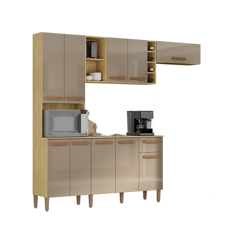 Armario Cozinha com Balcão Ravena com 10 Portas e 1 Gaveta Wood Madeirado/Preto Fosco