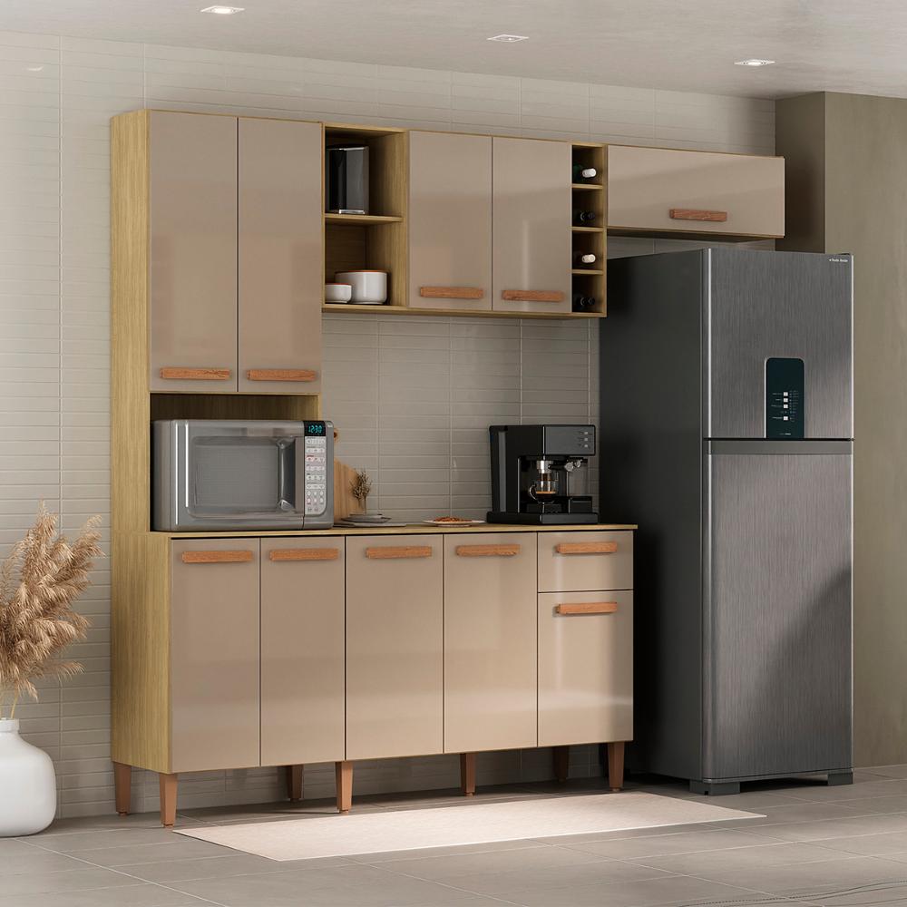 Armario Cozinha com Balcão Ravena com 10 Portas e 1 Gaveta Wood Madeirado/Preto Fosco