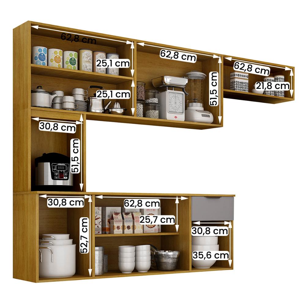 Armario de Cozinha Nara Compacta 8 Portas com 1 Gaveta 193cm Cinamomo/Cinza