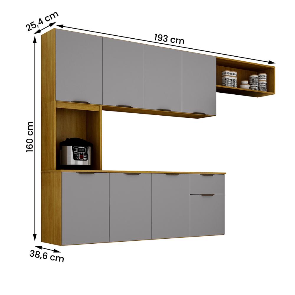 Armario de Cozinha Nara Compacta 8 Portas com 1 Gaveta 193cm Cinamomo/Cinza