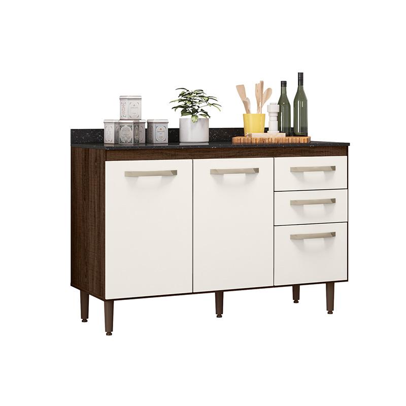 Balcão Doce 118cm com 02 Portas e 03 Gavetas Amendoa Rustico/Off White