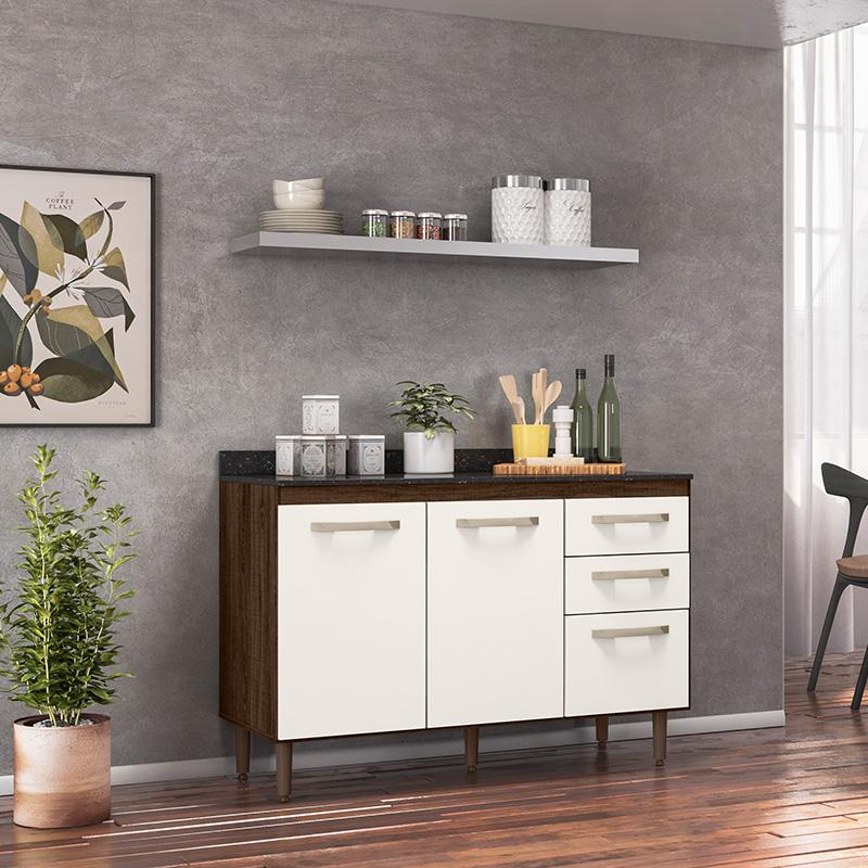 Balcão Doce 118cm com 02 Portas e 03 Gavetas Amendoa Rustico/Off White