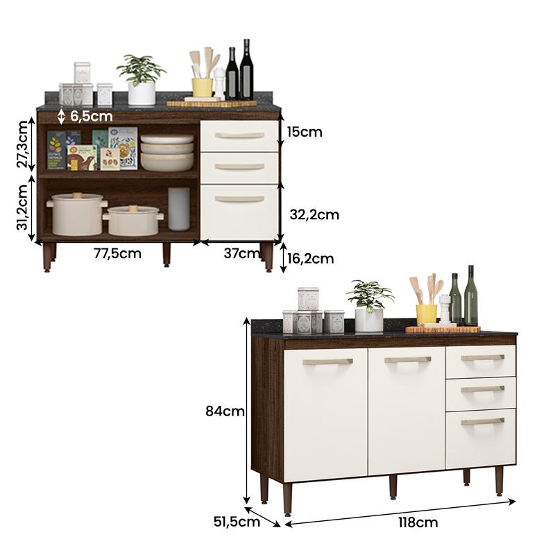 Balcão Doce 118cm com 02 Portas e 03 Gavetas Amendoa Rustico/Off White
