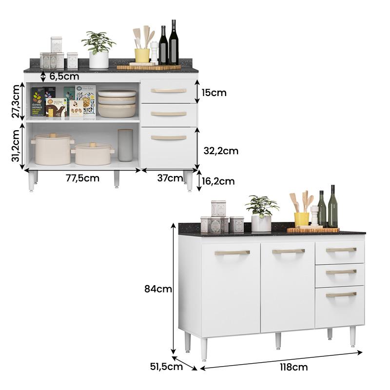 Balcão Doce 118cm com 02 Portas e 03 Gavetas Branco