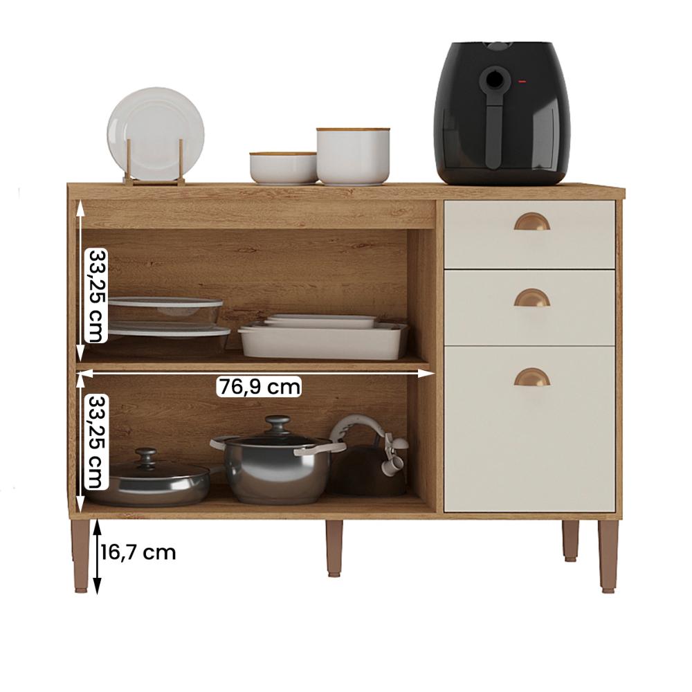 Balcão de Cozinha Tunísia com Tampo 3 Portas e 2 Gavetas Canelato/Off White
