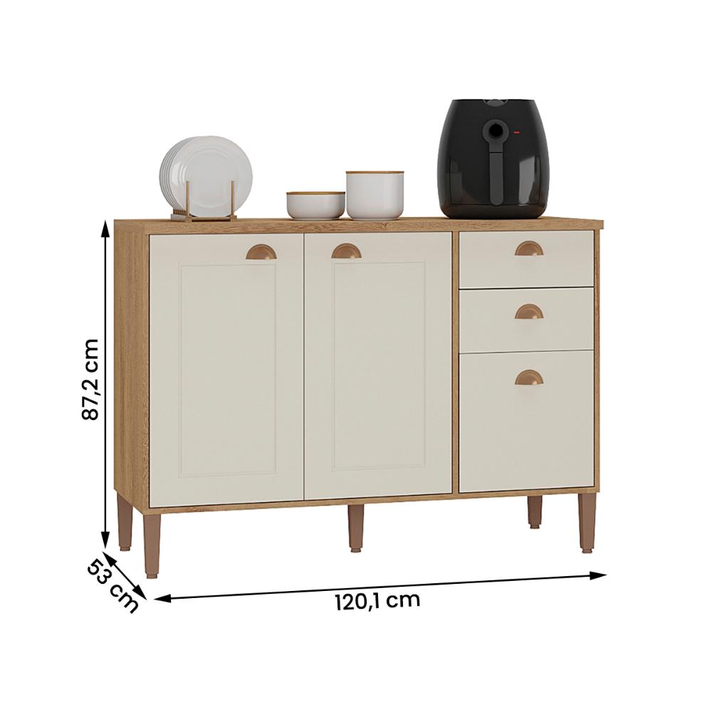 Balcão de Cozinha Tunísia com Tampo 3 Portas e 2 Gavetas Canelato/Off White