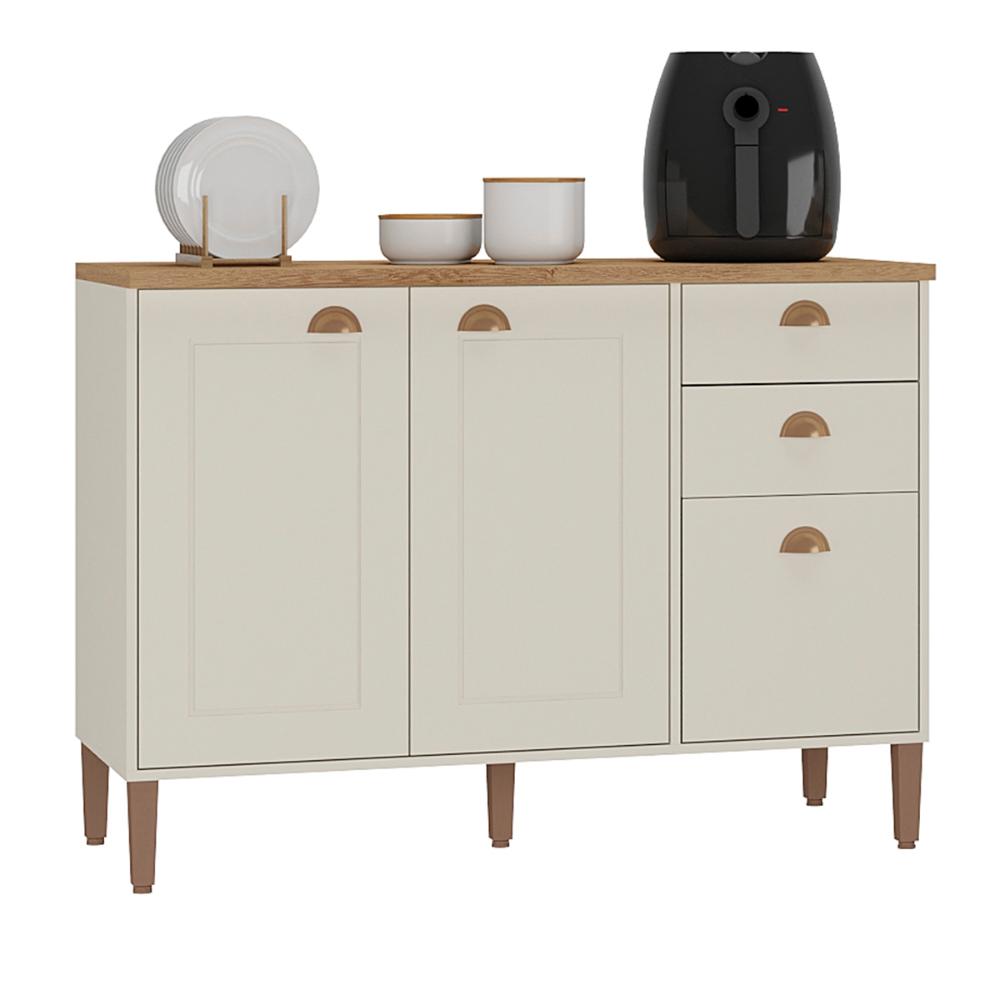 Balcão de Cozinha Tunísia com Tampo 3 Portas e 2 Gavetas Off White/Canelato
