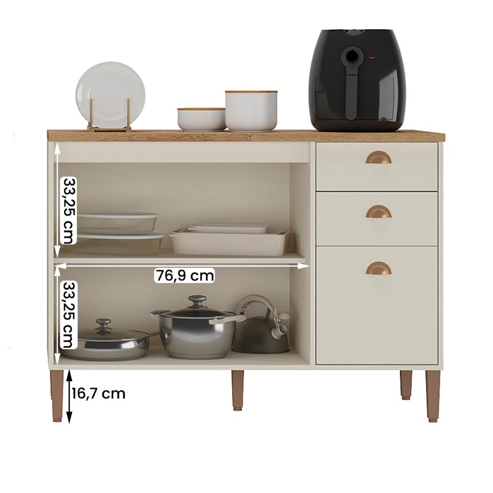 Balcão de Cozinha Tunísia com Tampo 3 Portas e 2 Gavetas Off White/Canelato