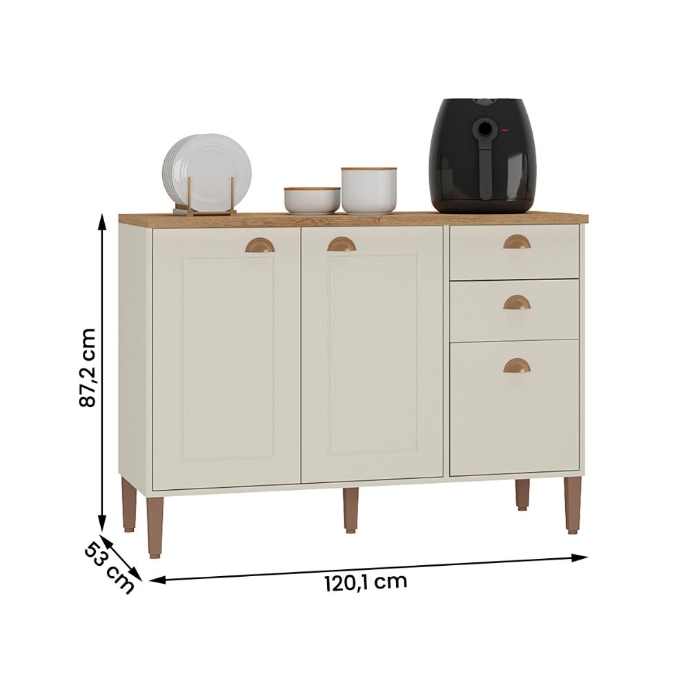 Balcão de Cozinha Tunísia com Tampo 3 Portas e 2 Gavetas Off White/Canelato