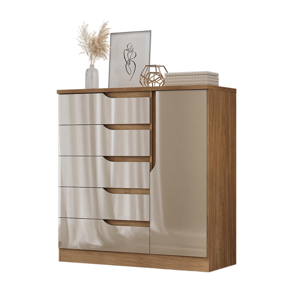 Comoda Paris Quarto Com 5 Gavetas e 1 Porta Acacia/Reflecta