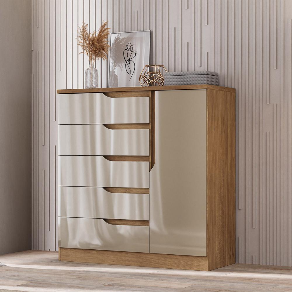 Comoda Paris Quarto Com 5 Gavetas e 1 Porta Acacia/Reflecta