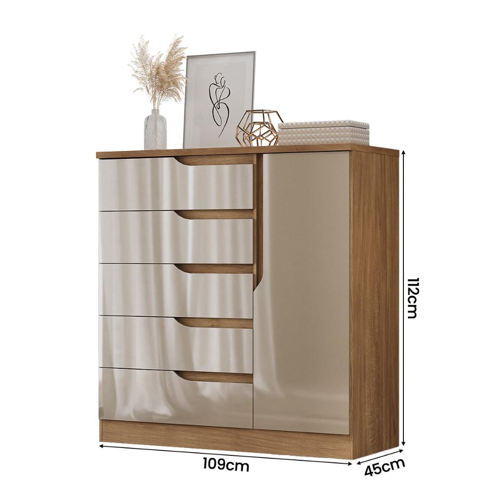 Comoda Paris Quarto Com 5 Gavetas e 1 Porta Acacia/Reflecta