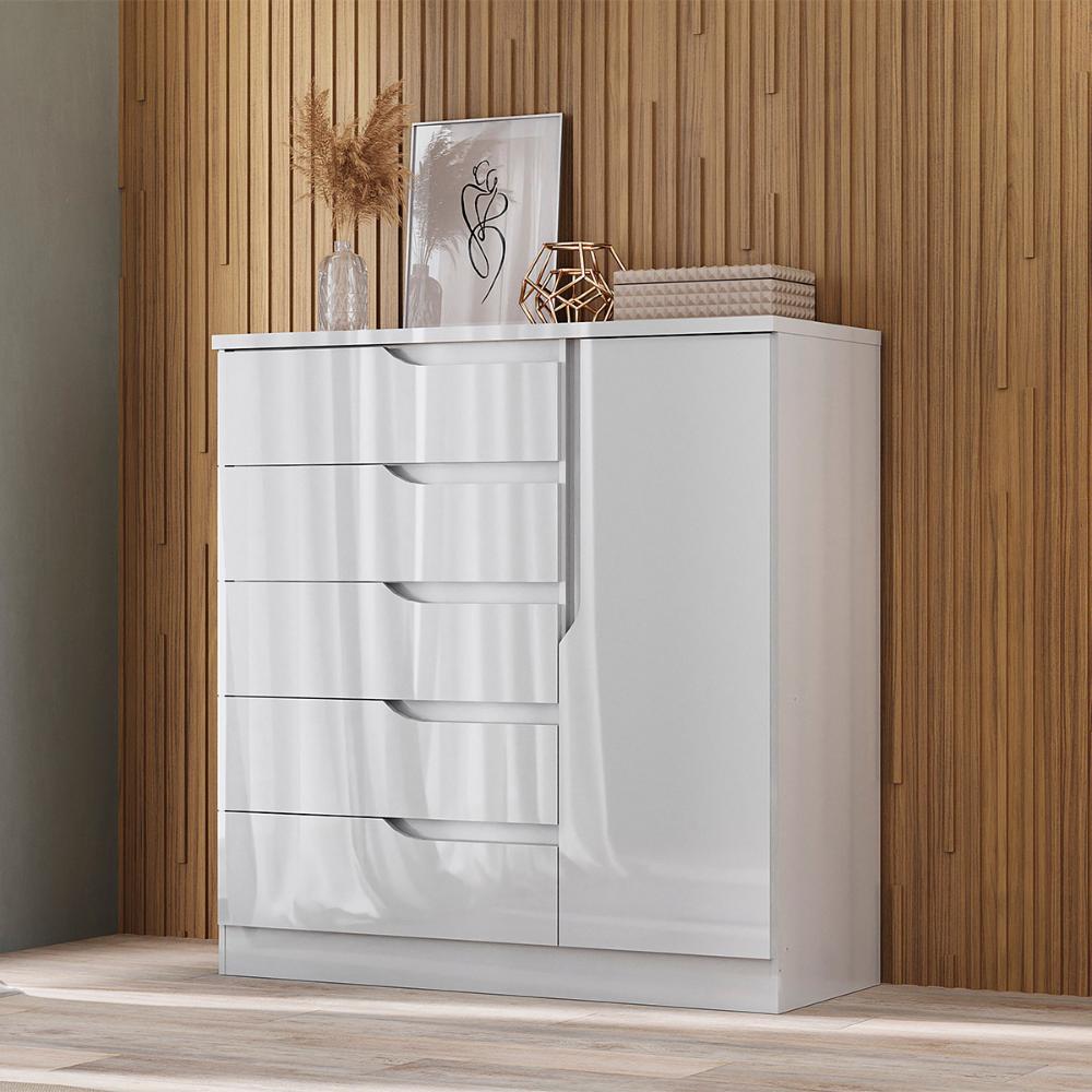 Comoda Paris Quarto Com 5 Gavetas e 1 Porta Branco