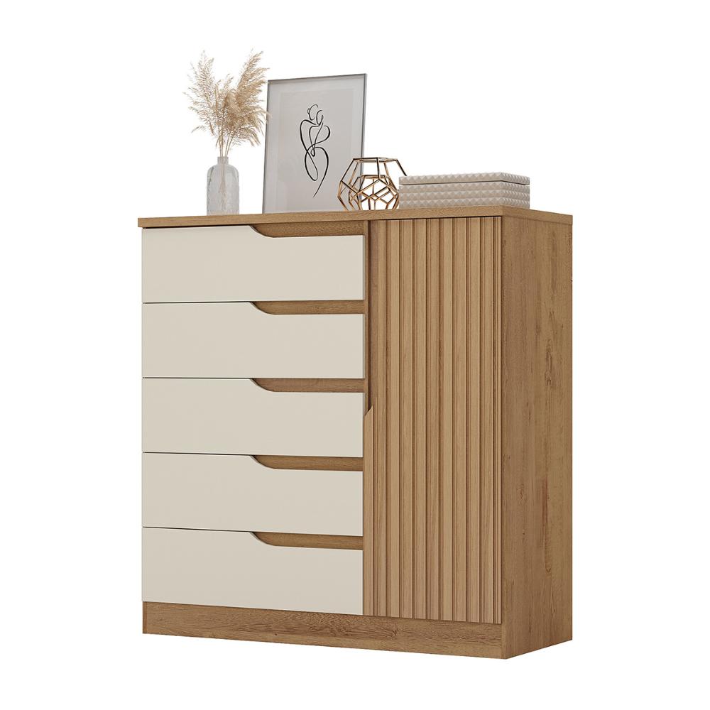 Comoda Paris Quarto Com 5 Gavetas e 1 Porta Canelato+3D Canelato/Off White