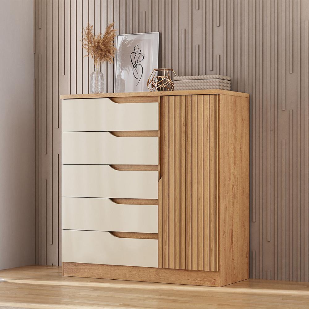 Comoda Paris Quarto Com 5 Gavetas e 1 Porta Canelato+3D Canelato/Off White
