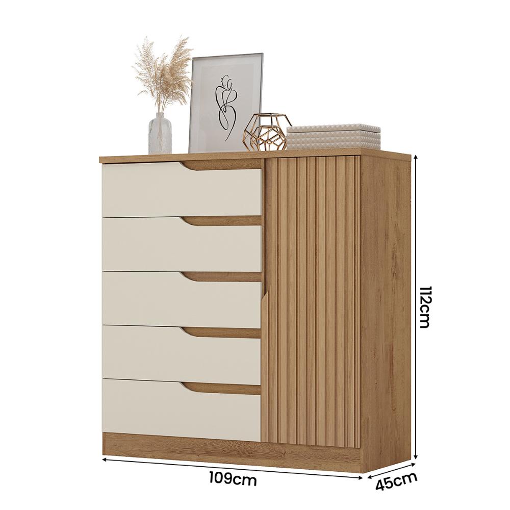 Comoda Paris Quarto Com 5 Gavetas e 1 Porta Canelato+3D Canelato/Off White