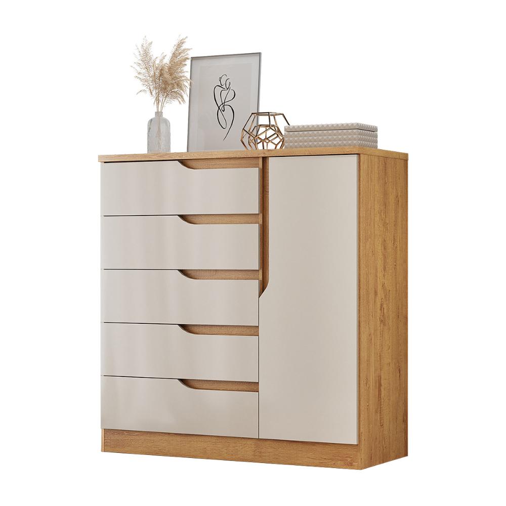 Comoda Paris Quarto Com 5 Gavetas e 1 Porta Canelato/Off White