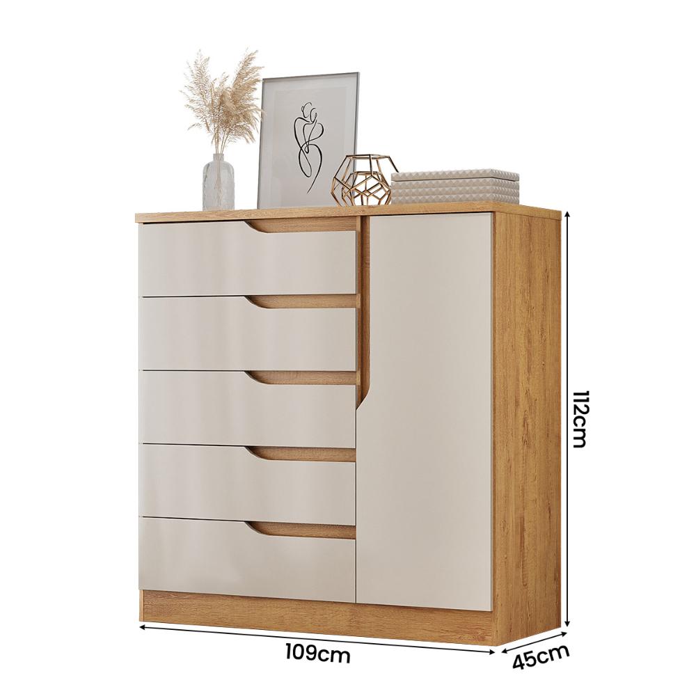 Comoda Paris Quarto Com 5 Gavetas e 1 Porta Canelato/Off White