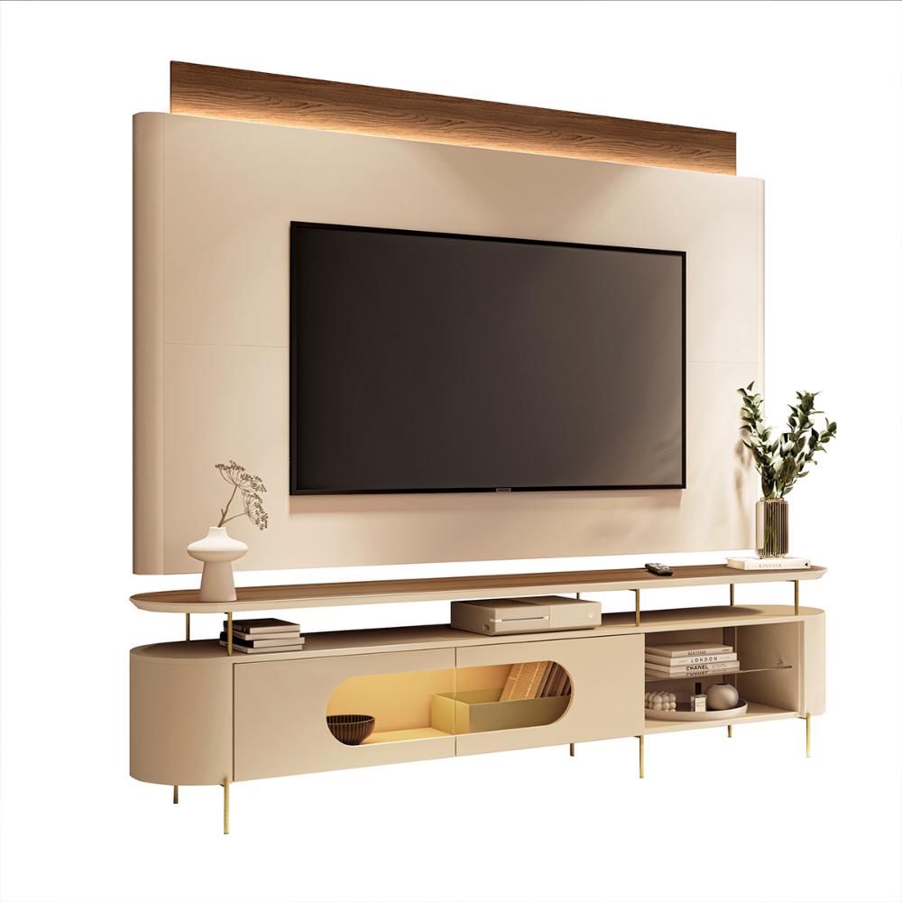 Conjunto Bancada Aria e Painel Nobre LED para TV até 85” Off White/Castanho