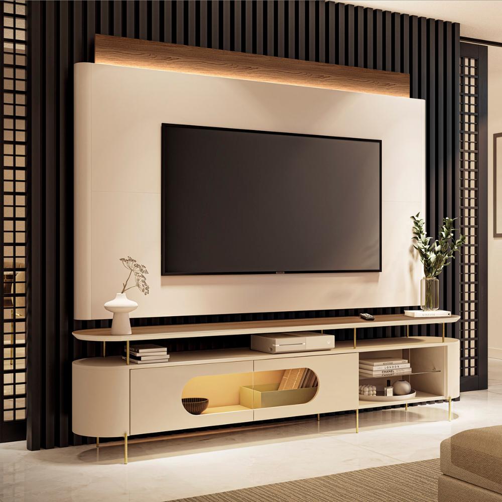 Conjunto Bancada Aria e Painel Nobre LED para TV até 85” Off White/Castanho